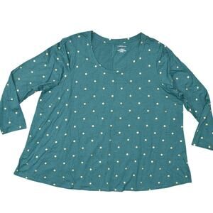 Lane Bryant Green T-Shirt Plus Size 26/28 Cotton Blend Long Sleeve Polka Dot